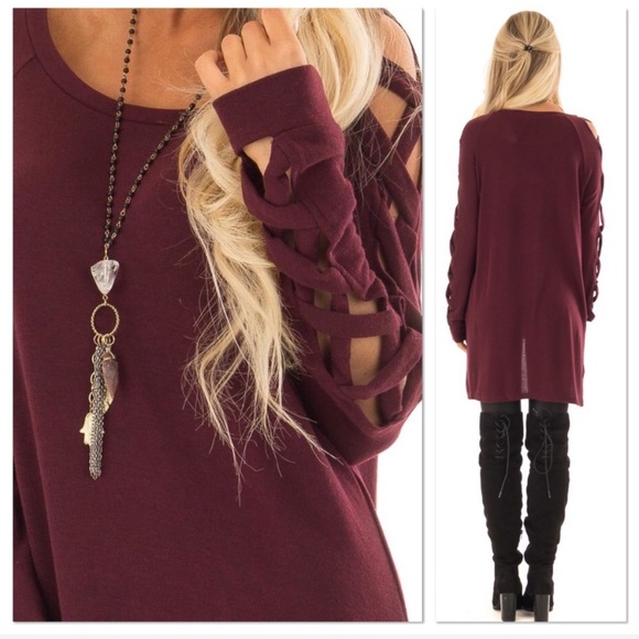 Wine Criss Cross Sleeve High Low Top - Picture 7 of 7